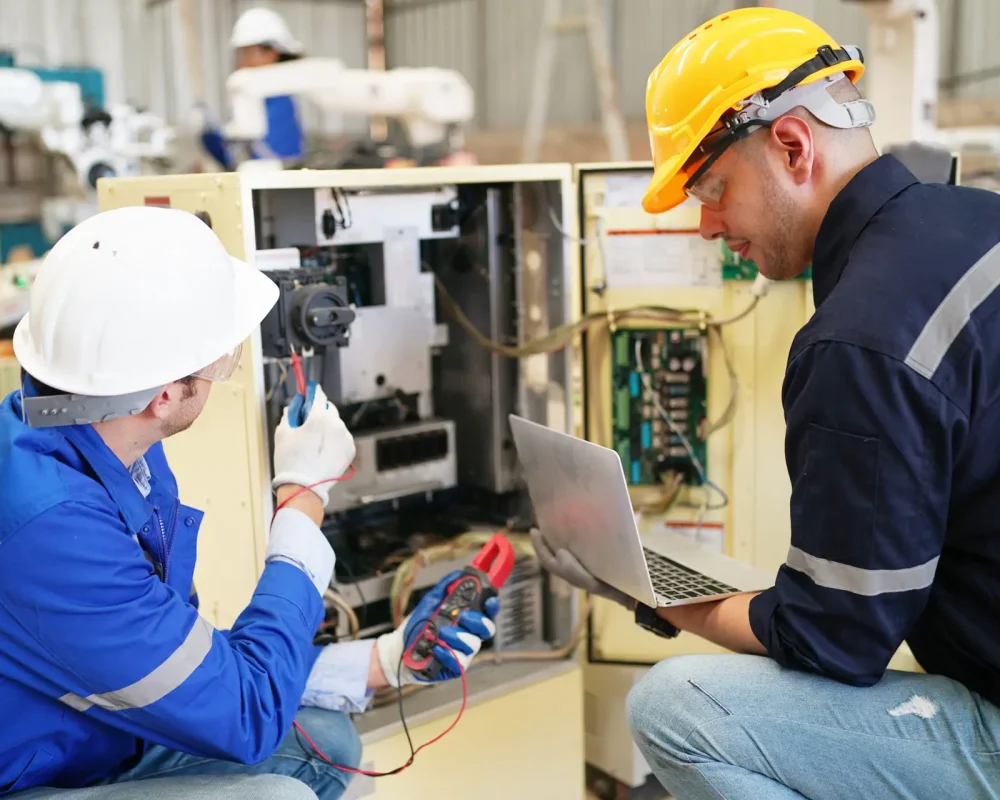 Multiracial industrial engineers working at automated AI robotic production factory, New industrial technology concept.